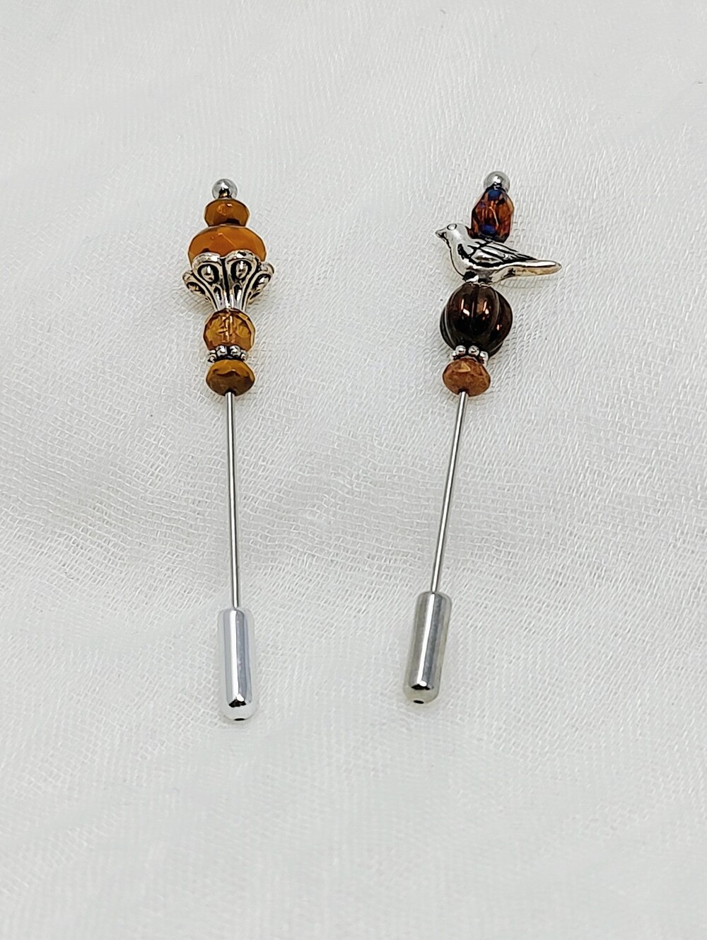 Set Of Two Vintage Beaded Silver And Brown Tone Stick Pins For Hats Or Scarves
